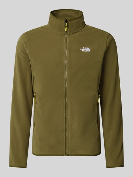 Produktfoto, olivgrüne Fleecejacke mit Reißverschluss Modell 'GLACI' von The North Face, taillierte Passform, seitliche Reißverschlusstaschen, Label-Stitching, glatte Textur