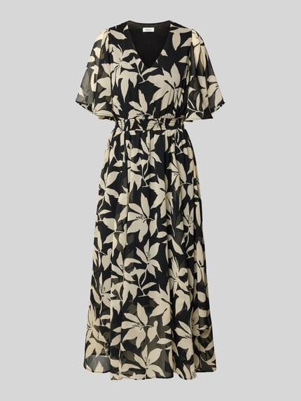 Produktfoto, Tailliertes Chiffonkleid mit Allover-Muster von s.Oliver RED LABEL in Schwarz mit beigem grafisch-floralem Print, Maxi-Länge, kurzarm, Schmetterlingsärmel, gerafftes Bündchen, leichte Crêpe-Textur