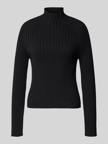 Produktfoto, schwarzer Turtleneck mit Raglanärmeln von MARC O'POLO, unifarben, regelmäßige Struktur, Rippstrick, Longline-Länge
