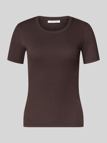 Produktfoto, braunes T-Shirt mit Rundhalsausschnitt Modell 'ALEXIS' von Samsøe Samsøe, Slim Fit, Baumwoll-Elasthan-Mix, glatte Textur