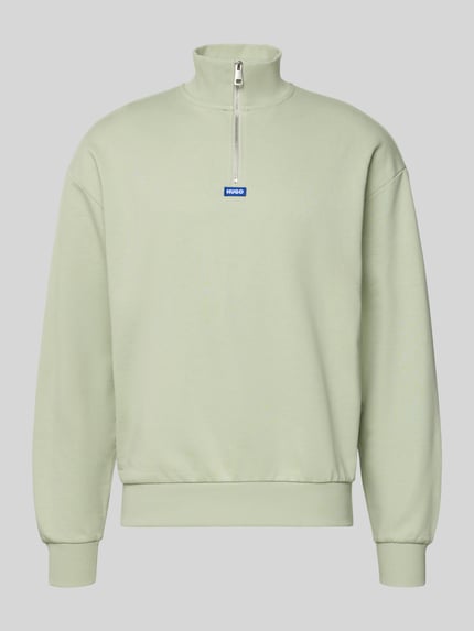 Produktfoto, Regular Fit Troyer aus reiner Baumwolle Modell 'NEELER' von Hugo Blue in Hellgrün mit Reißverschluss und Label Patch, Sweat-Material