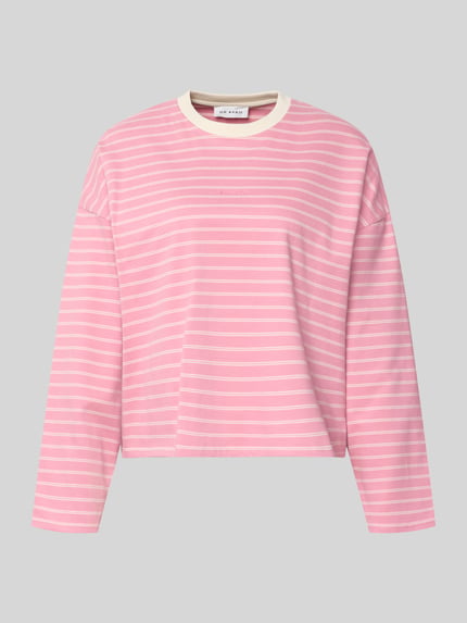 Productfoto, Regular Fit Longsleeve aus reiner Baumwolle van OH APRIL, dames longsleeve van zuivere katoen, regular fit, ronde hals, verlaagde schouders, ruglengte maat S: 53 cm, roze met witte strepen, rechte vormen, zachte textuur