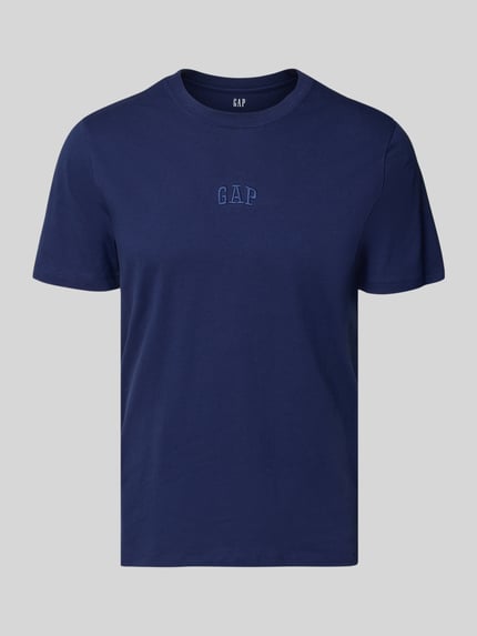 Produktfoto, T-Shirt mit Rundhalsausschnitt und Label-Stitching von GAP in Dunkelblau, reine Baumwolle, Regular Fit, glatte Textur.