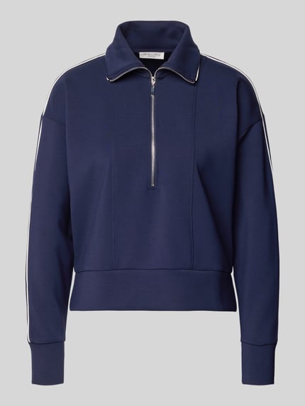 Produktfoto, donkerblauw Sweatshirt mit kurzem Reißverschluss van Christian Berg Woman, losse pasvorm, mix van modal, geribbelde boorden.
