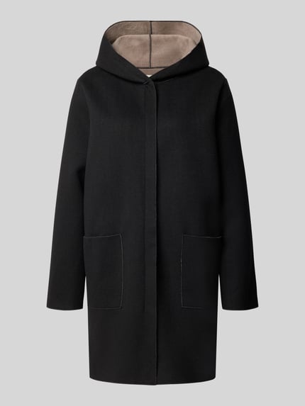 Produktfoto, Mantel mit Kapuze und Eingrifftaschen von Apricot in Schwarz, gerader Schnitt, Material-Mix mit Stretch-Anteil, sichtbare Textur