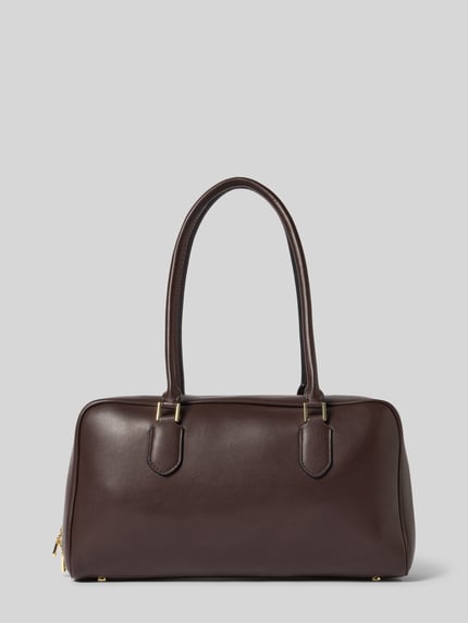 Produktfoto, Handtasche mit Tragehenkeln Modell 'CADIZ' von Mango in Dunkelbraun, glatte Struktur, goldener Reißverschluss, Größe 35x18x11 cm, Innenfach mit Reißverschluss, 50 cm Schulterriemen.