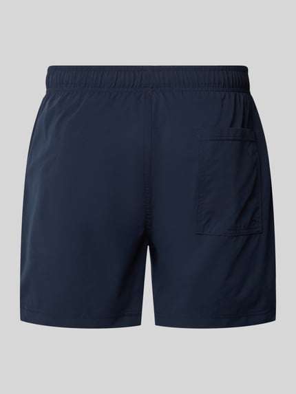 Produktfoto, granatowe spodenki kąpielowe z wyhaftowanym logo model 'MAUI' od Jack & Jones, krój regular fit, elastyczny pas, tunel