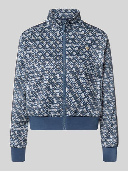 Produktfoto, Regular Fit Sweatjacke mit Allover-Logo-Print von GUESS im elastischen Material-Mix, blau-weiß, Reißverschluss, Stehkragen, elastische Abschlüsse