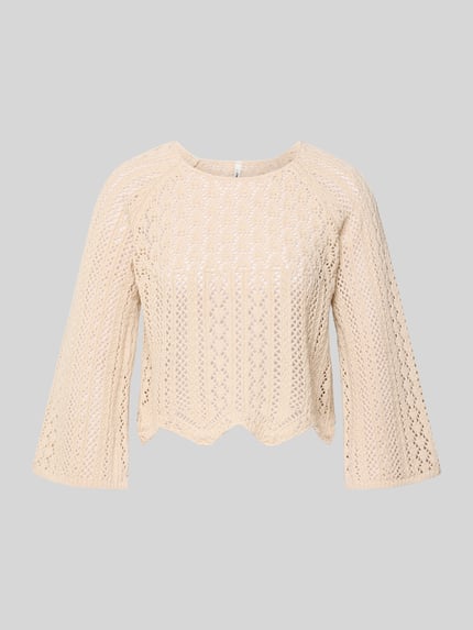 Produktfoto, Cropped Pullover aus Baumwoll-Mix Modell 'NOLA' von Only in Beige, unifarben, grobstrick, Rundhals, 3/4-Arm, Regular Fit.