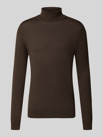 Produktfoto, Wollpullover mit Rollkragen von Christian Berg Men in Braun, gerade geschnitten, gerippte Abschlüsse, Woll-Mix, strukturierte Oberfläche
