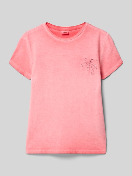 Produktfoto, Regular Fit T-Shirt aus reiner Baumwolle von s.Oliver RED LABEL, Kinder T-Shirt in Rosa mit Palmenstickerei, glatte Textur