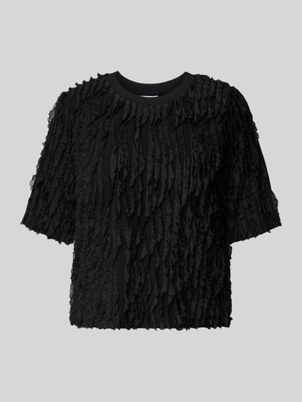 Produktfoto, Regular Fit T-Shirt mit Rüschenbesatz und Rundhalsausschnitt von Jake*s Collection, schwarz, strukturierte Oberfläche, Material-Mix mit Stretch-Anteil