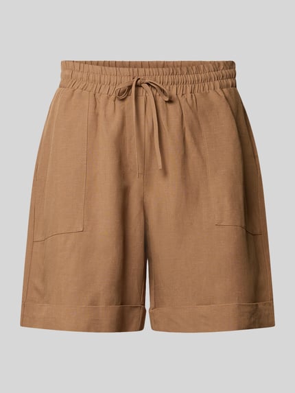Produktfoto, Regular Fit Shorts aus Viskose-Mix Modell 'Malotta' von OPUS PANTS, kolor brązowy, elastyczny pas z troczkiem, krój regular fit, szerokość w rozmiarze 36: 40 cm, długość nogawki od wewnątrz w rozmiarze 36: 16 cm, tkanina z fakturą lnu