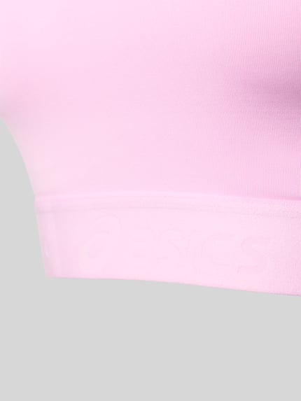 Produktfoto, Sport-BH mit Racerback Modell 'ROAD COMPRESSION' von ASICS in zartem Rosa, glatte Textur, elastischer Logo-Saum, Stretch-Material-Mix