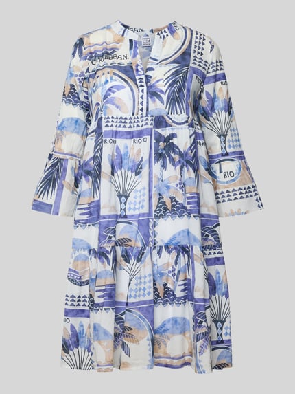 Productfoto, Tunikakleid im Allover-Look mit V-Ausschnitt van Emily Van den Bergh, katoen, a-lijn minijurk, blauw-beige patronen