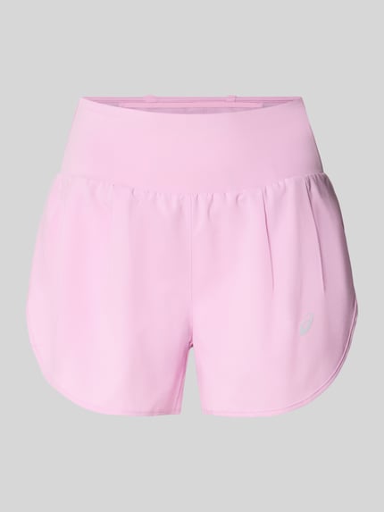 Productfoto, Shorts met logo en elastische tailleband van ASICS, regular fit, geïntegreerde binnenbroek, maat S taille 33 cm, binnenbeenlengte 8 cm, roze kleur, gladde textuur
