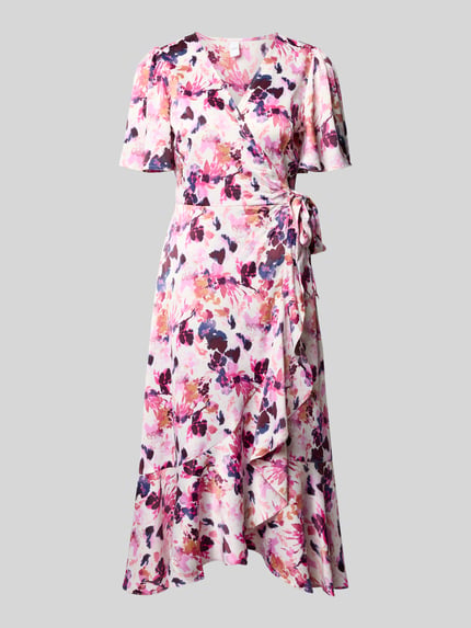 Produktfoto, Wickelkleid in Midilänge Modell 'Thea' van YAS, elastische materiaalmix, getailleerd, V-hals, bloemen all-over print, sierstrik, jurk met korte mouwen