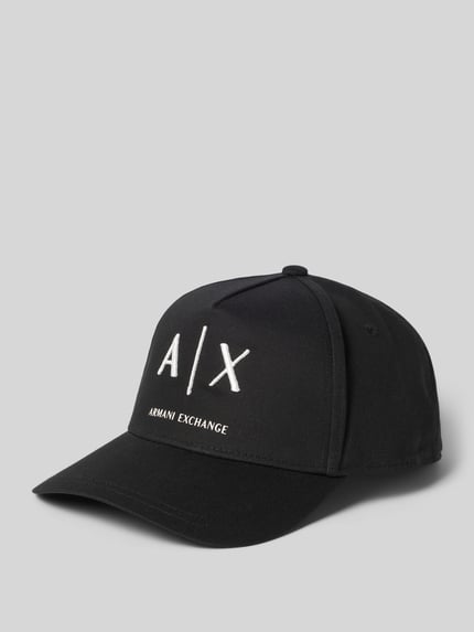 Produktfoto, schwarze Basecap mit Label-Stitching von ARMANI EXCHANGE aus reiner Baumwolle, verstärkter Schirm, größenverstellbar