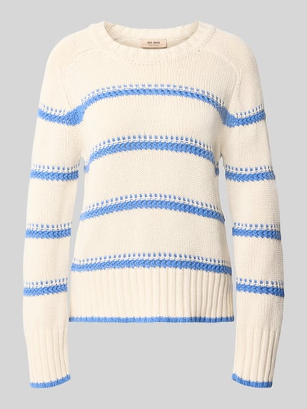 Productfoto, Strickpullover mit Streifenmuster Modell 'Rola Bine' van MOS MOSH, relaxed fit, puur katoen, crèmekleurig met blauwe strepen, ronde hals, zachte textuur.