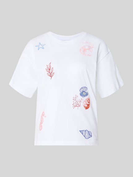 Produktfoto, Damen T-Shirt Regular Fit aus reiner Baumwolle Modell 'EMMINA' von Only, Optik: Unifarben, Applikation: Stickereien, Rundhals, Kurzarm.
