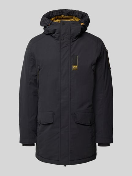 Produktfoto, PME Legend Parka met Label-Detail in donkerblauw, rechte pasvorm, capuchon, ritszakken, kleppen, gele voering, textuur canvas