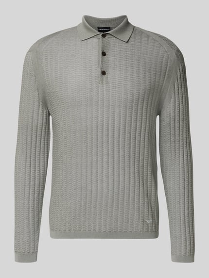Produktfoto, Slim Fit Pullover aus Lyocell-Mix mit Schurwoll-Anteil von Emporio Armani in Hellgrau, Strick-Optik, Polokragen, Langarm, dezentes Logo-Stitching, elastische Abschlüsse.