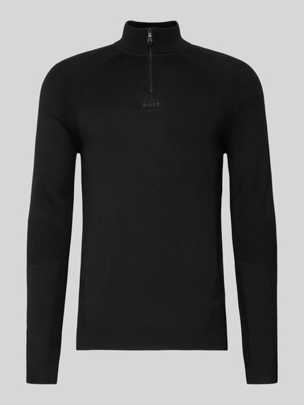 Produktfoto, Regular Fit Troyer mit Schurwoll-Anteil Modell 'TOUR SEAMLESS QZ' von BOSS Green in Schwarz, unifarben, Jacquard-Struktur, Label-Stitching.