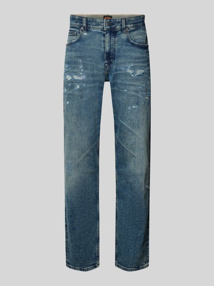 Produktfoto, Tapered Fit Jeans aus Baumwoll-Mix Modell 'TROY' von BOSS Orange, Denim-Optik mit Destroyed-Details, Label-Patch und Nieten, 5-Pocket-Design