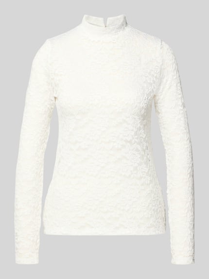 Produktfoto, Slim Fit Longsleeve aus elastischem Material-Mix Modell 'OKTOBER' von MORE, weiß, florale Stickerei, Stehkragen, Damen Longsleeve