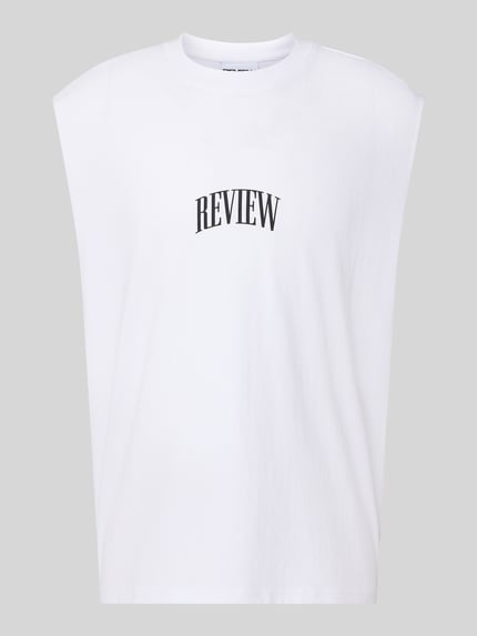 Produktfoto, Muskelshirt mit Logo und Rundhalsausschnitt von REVIEW in Weiß, Reine Baumwolle, Regular-Fit, Logo, Rückenlänge 68 cm Größe M