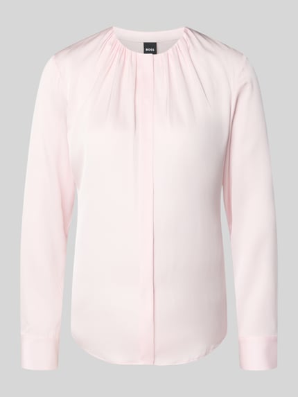 Produktfoto, Regular Fit Langarmbluse aus Seiden-Mix Modell 'BANORAH' van BOSS, look: effen, satijnstructuur, ronde hals, tuniekkraag, verborgen knoopsluiting, manchetten, zijdemix, dames