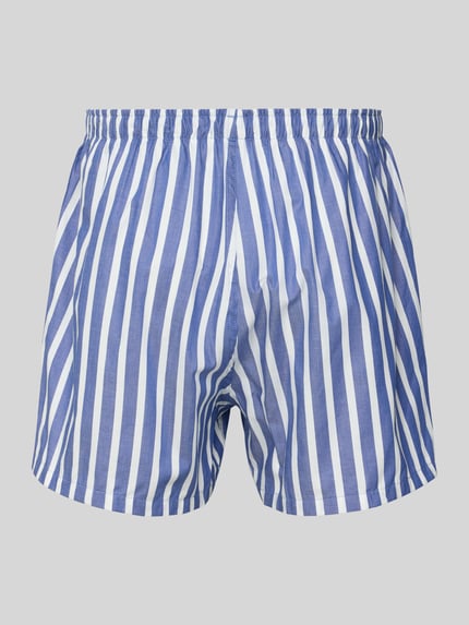 Produktfoto, Boxershorts mit elastischem Bund im 3er-Pack von Polo Ralph Lauren Underwear, blau-weiß gestreift, reine Baumwolle, lockerer Schnitt, Label-Detail.