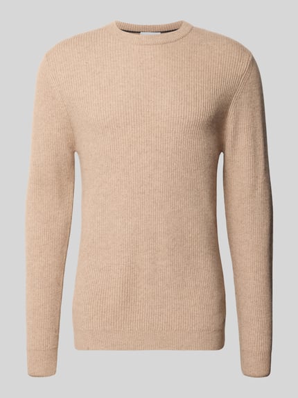 Produktfoto, Slim Fit Pullover aus Schurwoll-Mix von ROY ROBSON w kolorze beżowym, krój slim fit, okrągły dekolt, długi rękaw, mieszanka żywej wełny i modalu, długość tyłu w rozmiarze M: 70 cm, długość rękawów w rozmiarze M: 69 cm, wyraźna faktura dzianiny