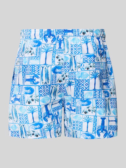 Produktfoto, zwembroek in all-over look met blauwwitte kleurvlakken, elastische band, model 'MAUI VIBES NOVELTY' van Jack & Jones, regular fit