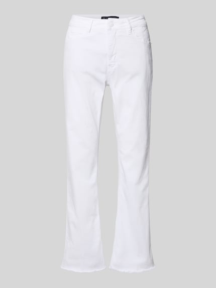 Produktfoto, Straight Fit Jeans im 5-Pocket-Design von Raffaello Rossi, weiß, Elastischer-Material-Mix, Beinabschlüsse: Fransenbesatz, verkürzt, Knopf-Reißverschluss, Bundweite 41 cm, Innenbeinlänge 67 cm, Größe 36, glatte Textur