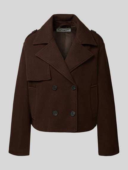 Produktfoto, Regular Fit Jacke mit doppelter Knopfleiste von REVIEW in dunklem Braun, Reverskragen und Eingrifftaschen, glatte Textur