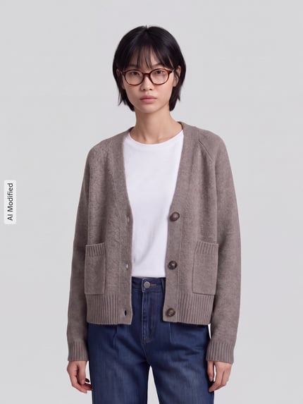 Frauenmodel trägt Oversized Strickjacke mit Woll-Anteil Modell 'BOOM' von VERO MODA in Beige mit Knöpfen, glatter Struktur, Nahaufnahme Oberkörper, KI-modifiziertes Bild.