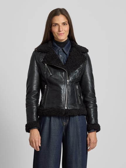 Cabrini Bikerjack van lamsleer met ritszakken Zwart - 4