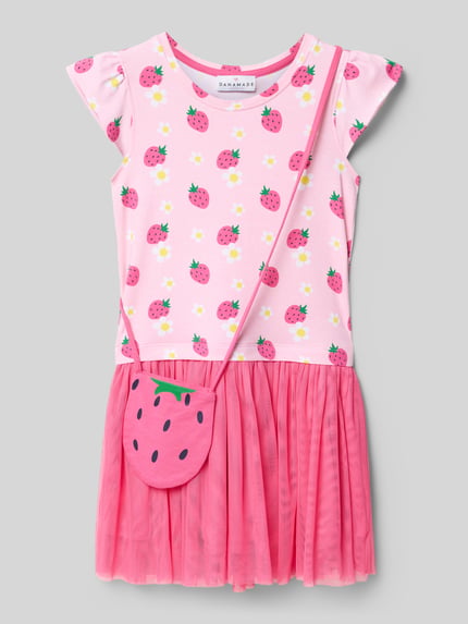 Productfoto, Regular Fit jurk met motiefprint van DANAMADE, kinderen, katoenmix, ronde hals, kapmouwen, mesh, plooienlook, ruglengte maat 116: 62 cm, mouwlengte maat 116: 6 cm