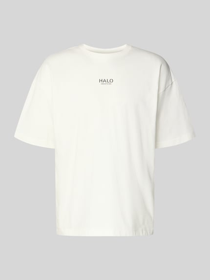 Produktfoto, Boxy Fit T-Shirt mit Label-Print od ELITE, męski t-shirt z bawełny, pudełkowy krój, nadruk z logo, okrągły dekolt, długość tyłu w rozmiarze M: 69 cm
