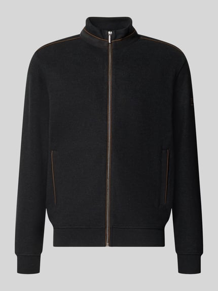 Produktfoto, Sweatjacke mit Label-Details von bugatti in Schwarz mit braunen Akzenten, Baumwollmischung, gerader Schnitt, Stehkragen, seitliche Taschen, elastische Abschlüsse