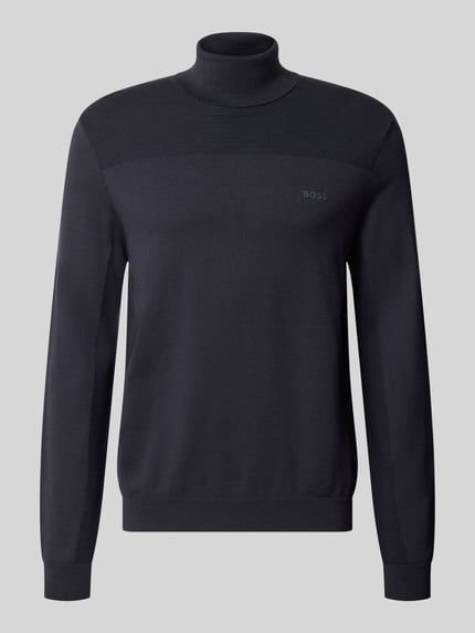 Produktfoto, Regular Fit Rollkragenpullover aus Woll-Mix von BOSS Green, jednokolorowy, imitacja dzianiny, faktura, krój regular fit, golf, długi rękaw, aplikacja: napis z logo, prążkowane zakończenia rękawów i dołu