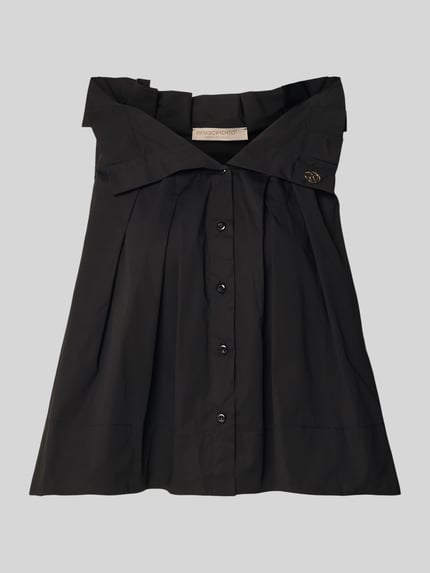 Produktfoto, Bluse mit Umlegekragen und Rüschen von Rinascimento in Schwarz, locker geschnitten aus Baumwoll-Mix mit Stretch-Anteil, sichtbare Knopfleiste, dezentes Label-Detail, strukturierte Oberfläche