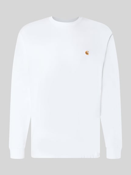 Productfoto, wit shirt met lange mouwen van puur katoen, relaxed fit, labelstitching en ronde hals. Ruglengte maat M: 66 cm. Longsleeve met Label-Stitching van Carhartt Work In Progress