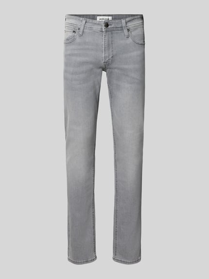 Produktfoto, Slim Fit Jeans aus Baumwoll-Mix Modell 'Glenn' von JACK & JONES, grauer Denim, 5-Pocket-Design, glatte Textur, elastisch