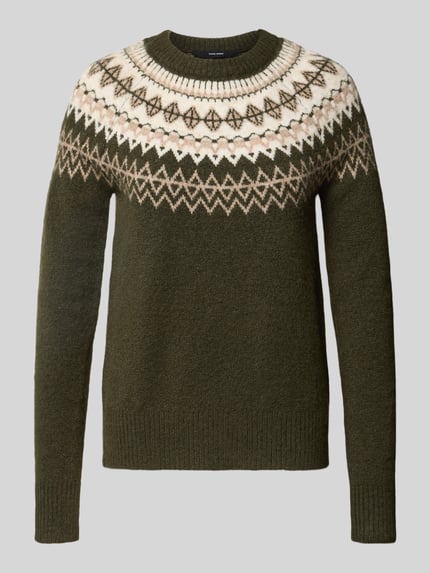 Produktfoto, Pullover mit kontrastreichem Rundhalsjacquard von VERO MODA in mehrfarbiger Strickoptik mit geometrisch-floralem Jacquardmuster, Crew Neck, langarm, gerippte Abschlüsse, gestrickte Textur