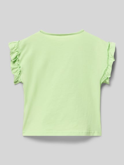 Productfoto, Regular Fit T-Shirt mit Rüschenbesatz van Blue Seven in lichtgroen, katoen, korte mouwen, volant details, kinderdesign, maat 116, ruglengte 41 cm