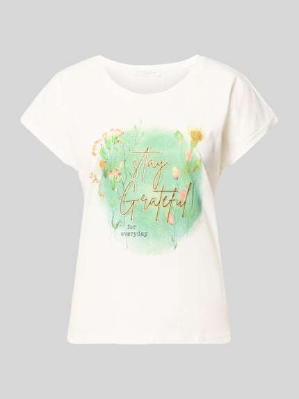 Produktfoto, Regular Fit T-Shirt aus Viskose-Mix mit Statement-Print von Christian Berg Woman, weiß mit grünem und rosafarbenem Print, Damen T-Shirt, Rundhalsausschnitt, Rückenlänge 55 cm bei Größe S, glatte Textur