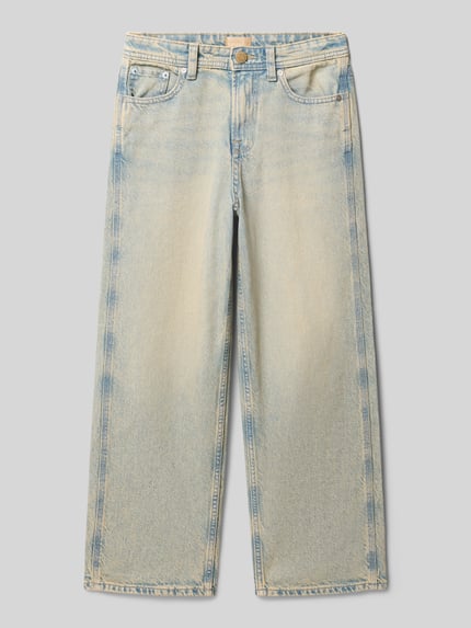 Produktfoto, Baggy Fit Jeans im Used-Look Modell 'ALEX' von Jack & Jones, Kinder Jeans aus Baumwoll-Viskose-Mix, Eingrifftaschen, Used-Look, Bundweite 35 cm, Innenbeinlänge 62 cm, helle Farbgebung, grobe Textur