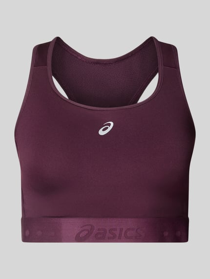 Produktfoto, bordeauxfarbener Sport-BH mit Racerback Modell 'ROAD COMPRESSION' von ASICS, stretchiges Material, Logo-Print, elastischer Saum